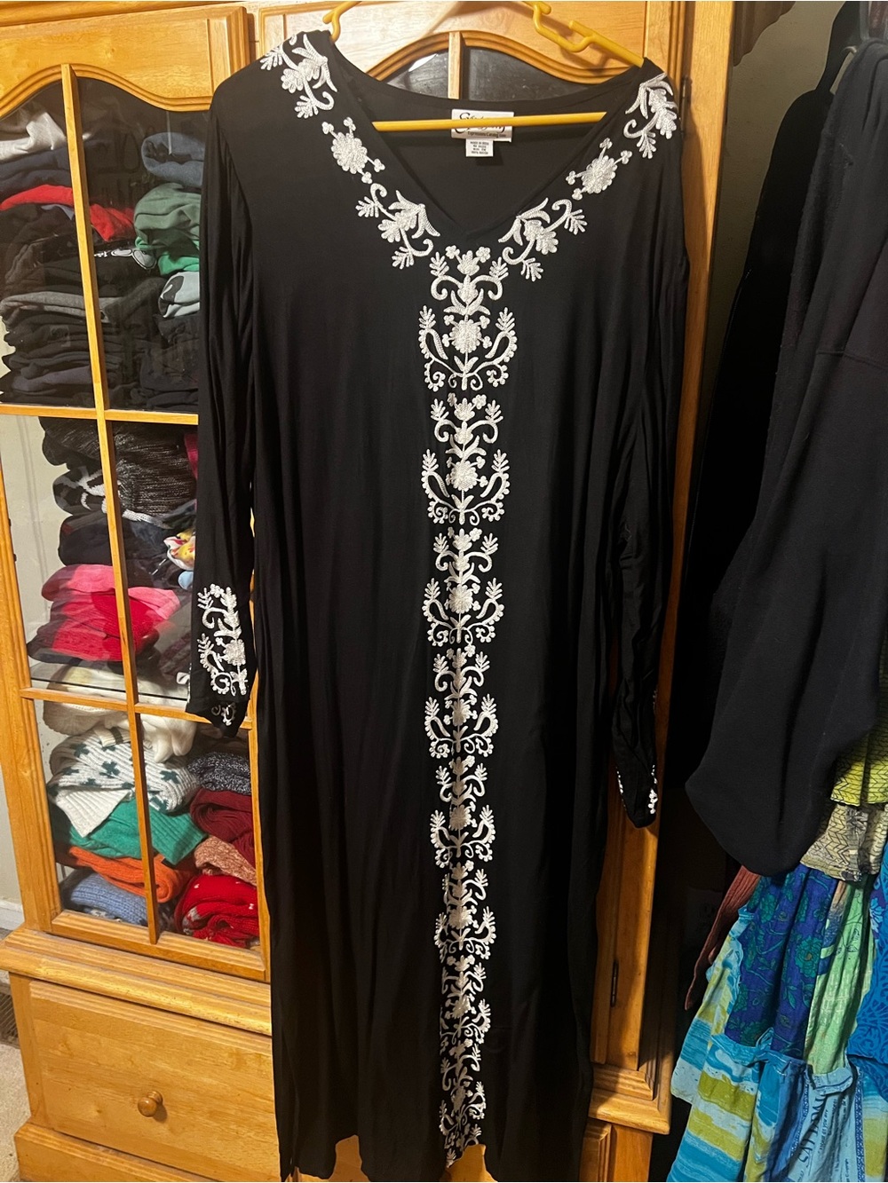 Expressions Black Maxi Dress with White Embroidery